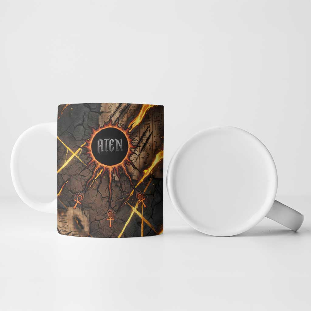 Aten Ceramic Mug Ancient Egyptian Cracked Stone Hieroglyph, Solar Eclipse Emblem, and Radiant Sunburst - African Pride