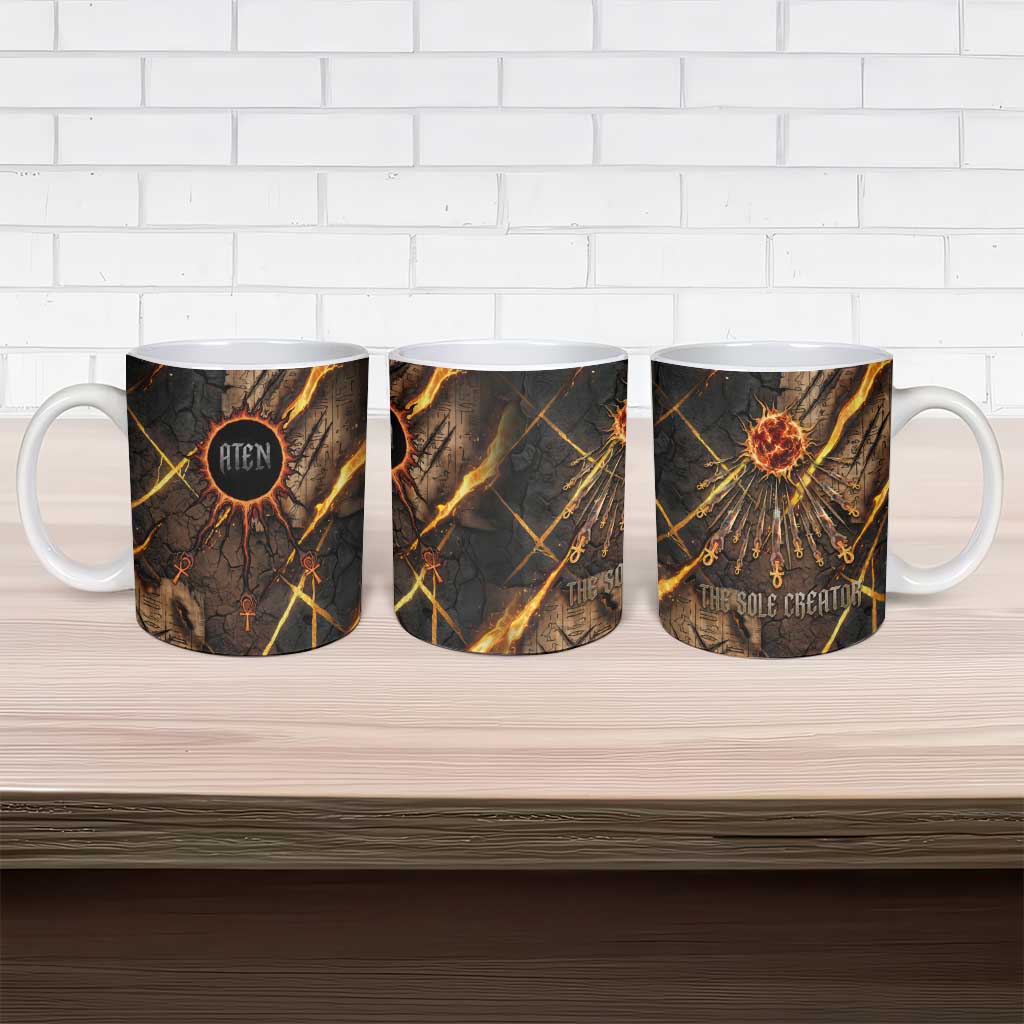 Aten Ceramic Mug Ancient Egyptian Cracked Stone Hieroglyph, Solar Eclipse Emblem, and Radiant Sunburst - African Pride