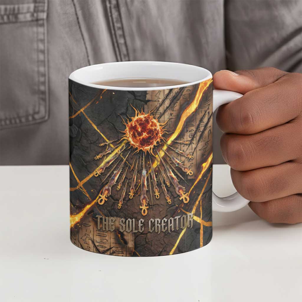 Aten Ceramic Mug Ancient Egyptian Cracked Stone Hieroglyph, Solar Eclipse Emblem, and Radiant Sunburst - African Pride