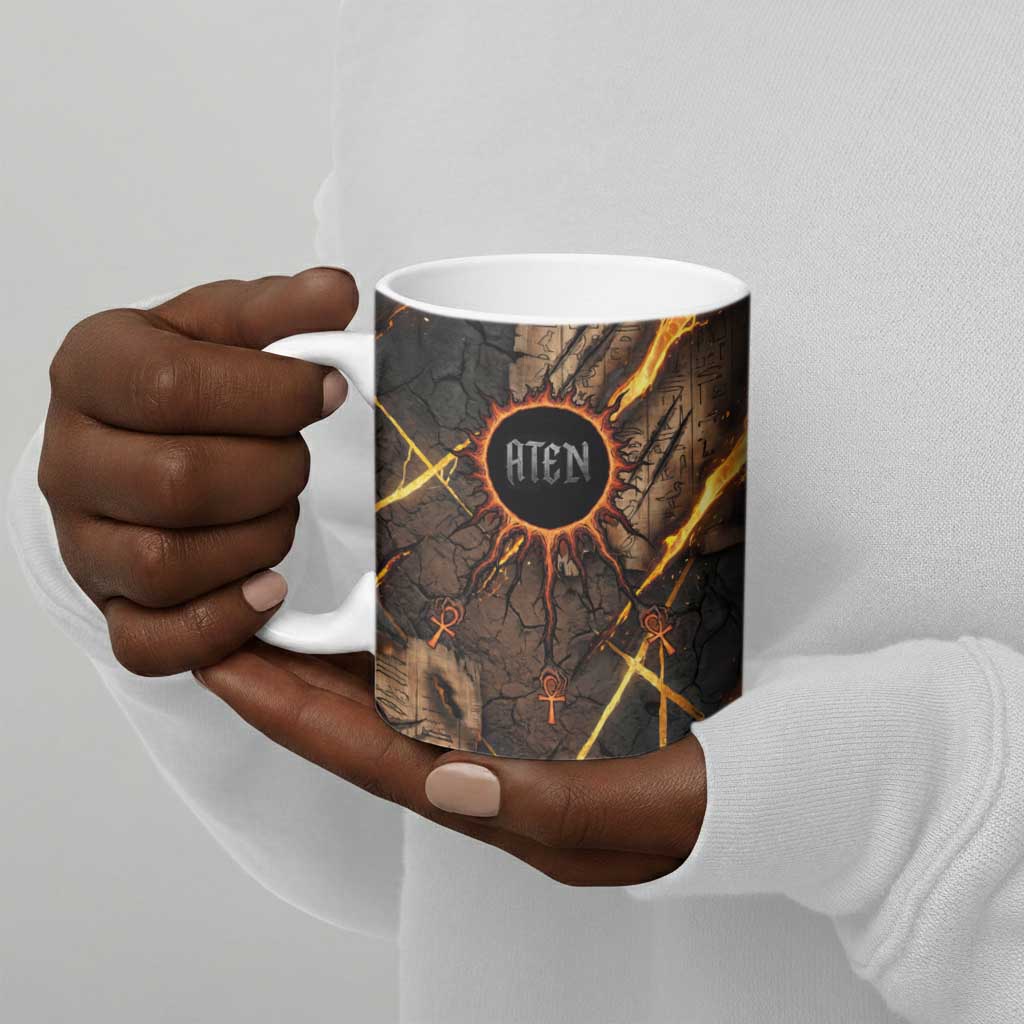 Aten Ceramic Mug Ancient Egyptian Cracked Stone Hieroglyph, Solar Eclipse Emblem, and Radiant Sunburst - African Pride