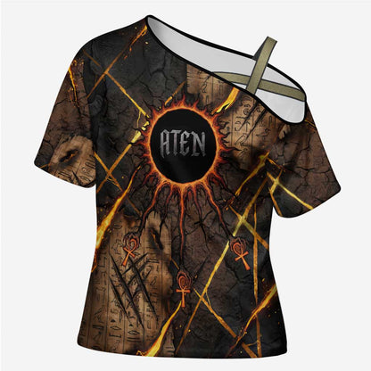 Aten Cross Shoulder Shirt Ancient Egyptian Cracked Stone Hieroglyph, Solar Eclipse Emblem, and Radiant Sunburst - African Pride