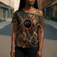 Aten Cross Shoulder Shirt Ancient Egyptian Cracked Stone Hieroglyph, Solar Eclipse Emblem, and Radiant Sunburst - African Pride