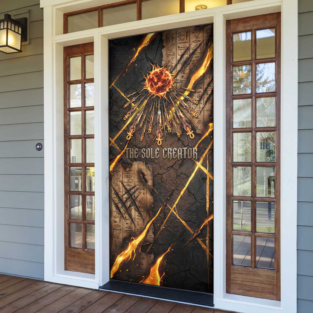 Aten Door Cover Ancient Egyptian Cracked Stone Hieroglyph, Solar Eclipse Emblem, and Radiant Sunburst - African Pride