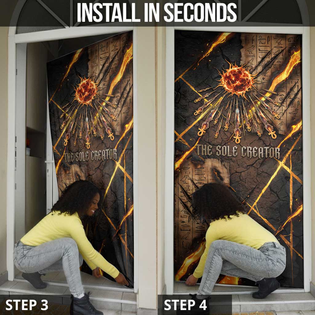Aten Door Cover Ancient Egyptian Cracked Stone Hieroglyph, Solar Eclipse Emblem, and Radiant Sunburst - African Pride