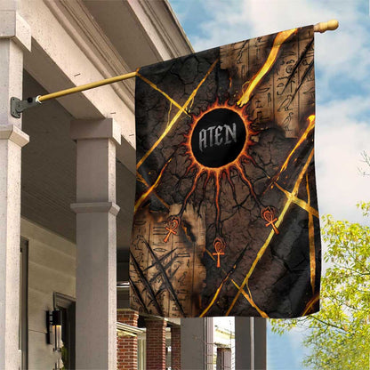 Aten Garden Flag Ancient Egyptian Cracked Stone Hieroglyph, Solar Eclipse Emblem, and Radiant Sunburst - African Pride