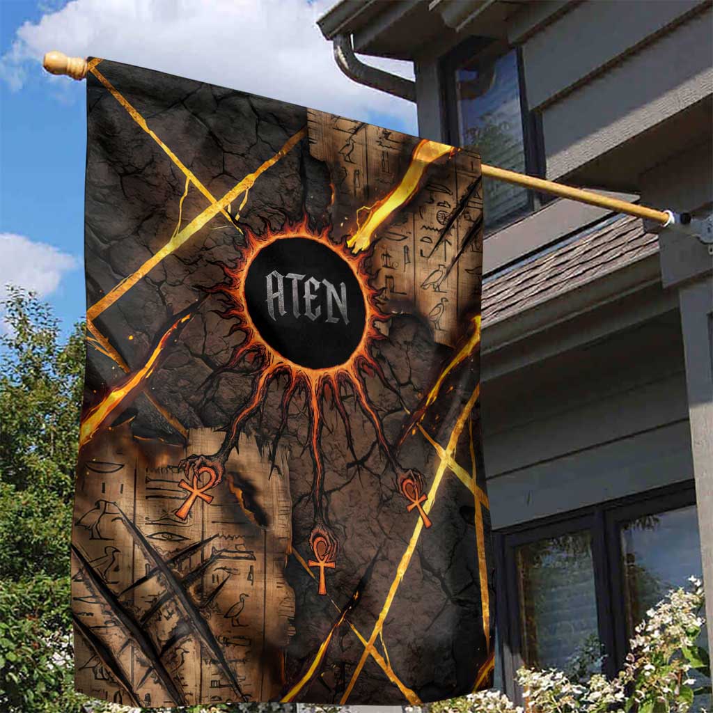 Aten Garden Flag Ancient Egyptian Cracked Stone Hieroglyph, Solar Eclipse Emblem, and Radiant Sunburst - African Pride