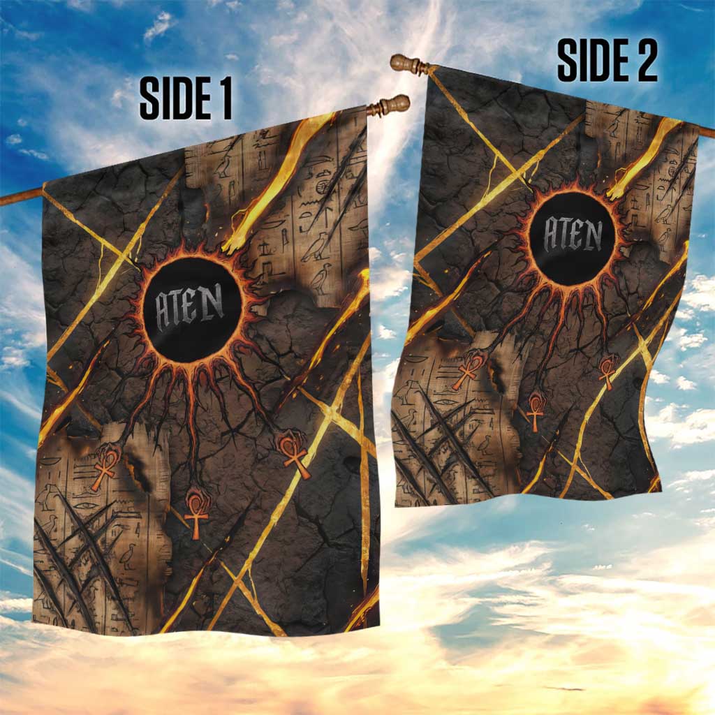 Aten Garden Flag Ancient Egyptian Cracked Stone Hieroglyph, Solar Eclipse Emblem, and Radiant Sunburst - African Pride