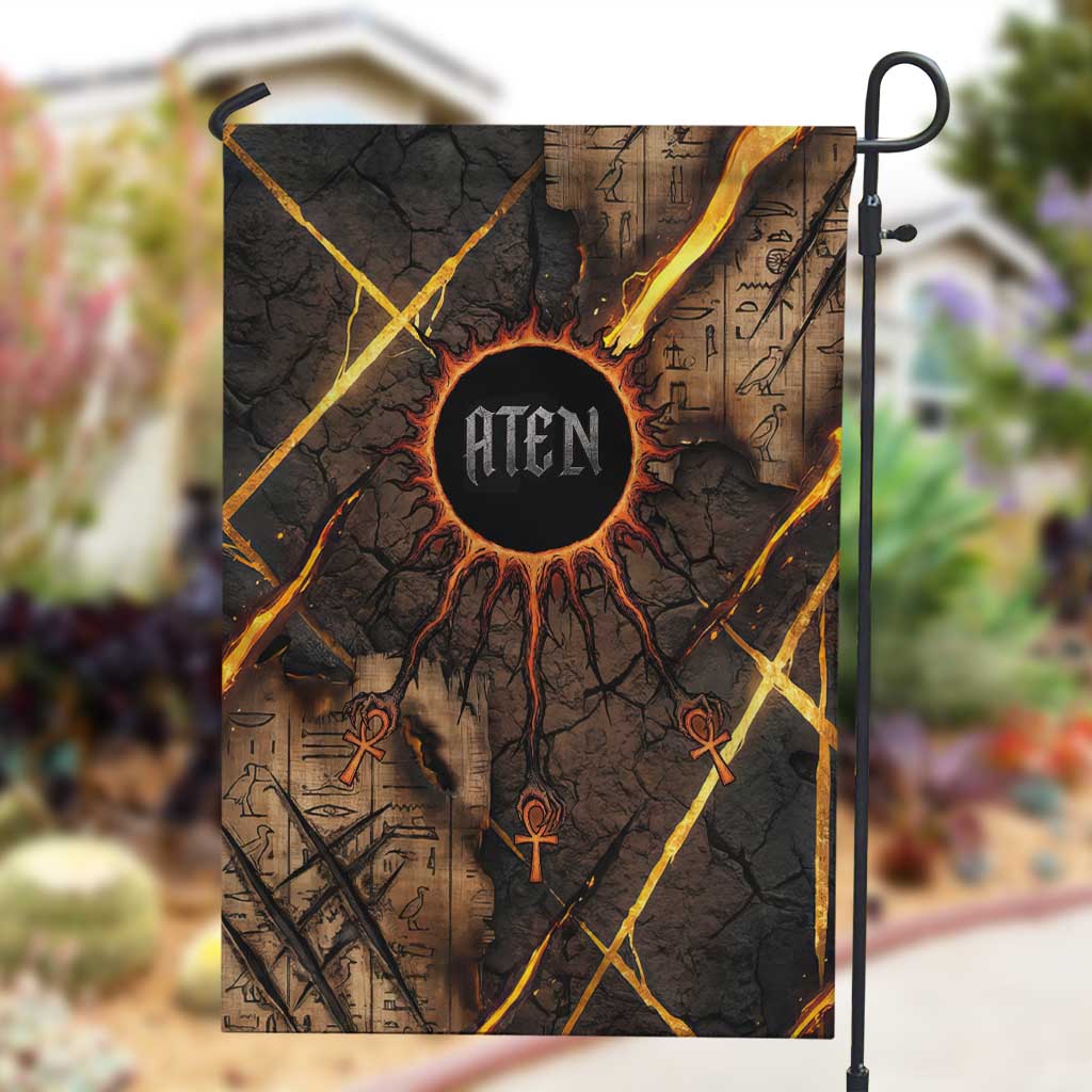 Aten Garden Flag Ancient Egyptian Cracked Stone Hieroglyph, Solar Eclipse Emblem, and Radiant Sunburst - African Pride