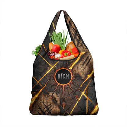 Aten Grocery Bag Ancient Egyptian Cracked Stone Hieroglyph, Solar Eclipse Emblem, and Radiant Sunburst - African Pride