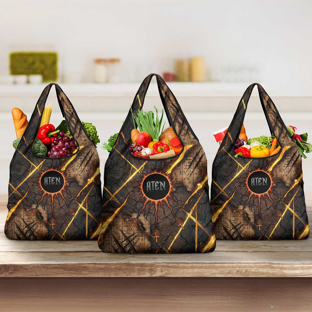 Aten Grocery Bag Ancient Egyptian Cracked Stone Hieroglyph, Solar Eclipse Emblem, and Radiant Sunburst - African Pride