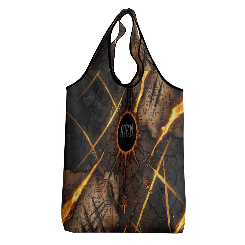 Aten Grocery Bag Ancient Egyptian Cracked Stone Hieroglyph, Solar Eclipse Emblem, and Radiant Sunburst - African Pride