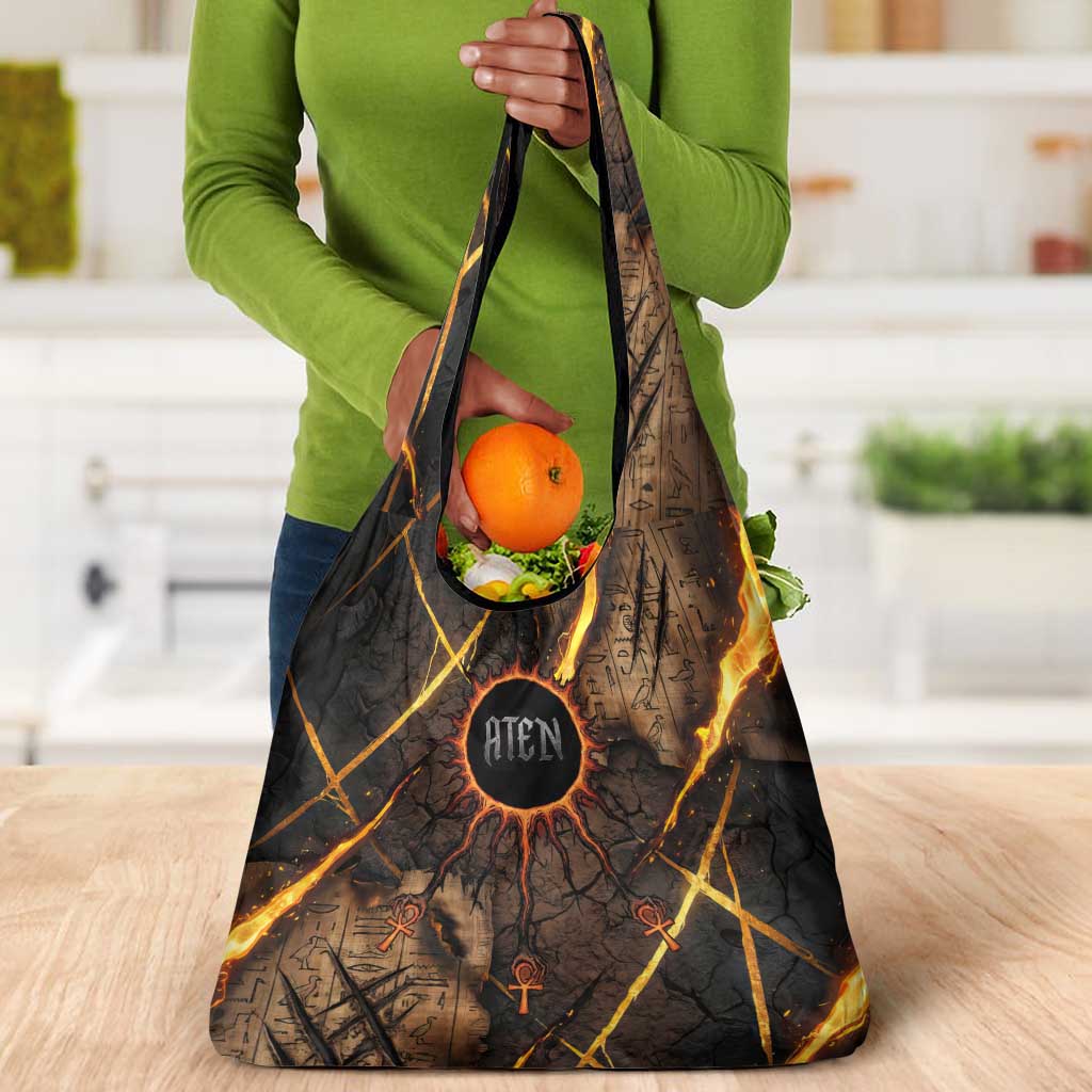 Aten Grocery Bag Ancient Egyptian Cracked Stone Hieroglyph, Solar Eclipse Emblem, and Radiant Sunburst - African Pride