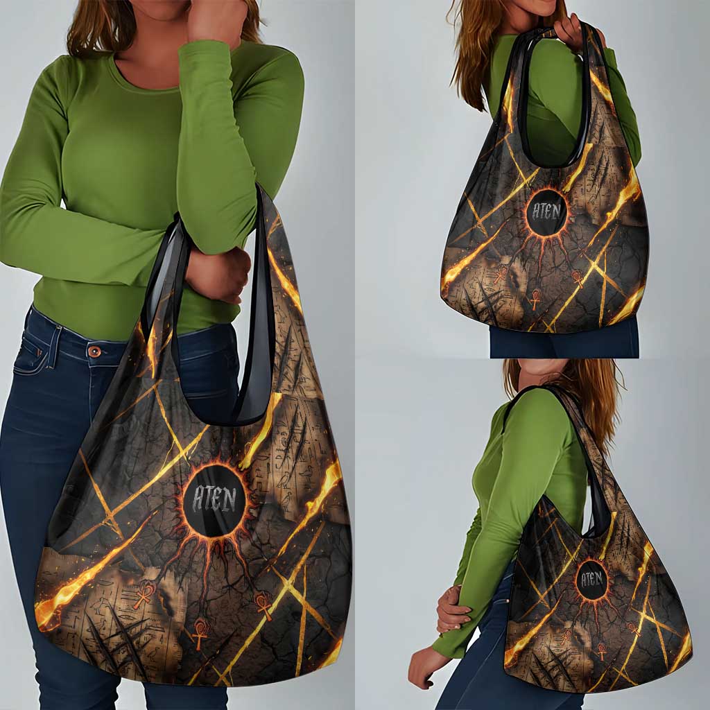 Aten Grocery Bag Ancient Egyptian Cracked Stone Hieroglyph, Solar Eclipse Emblem, and Radiant Sunburst - African Pride