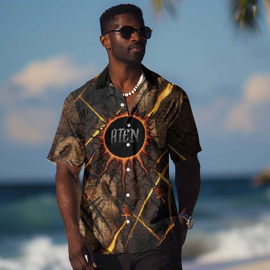 Aten Hawaiian Shirt Ancient Egyptian Cracked Stone Hieroglyph, Solar Eclipse Emblem, and Radiant Sunburst - African Pride