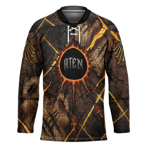 Aten Hockey Jersey Ancient Egyptian Cracked Stone Hieroglyph, Solar Eclipse Emblem, and Radiant Sunburst - African Pride