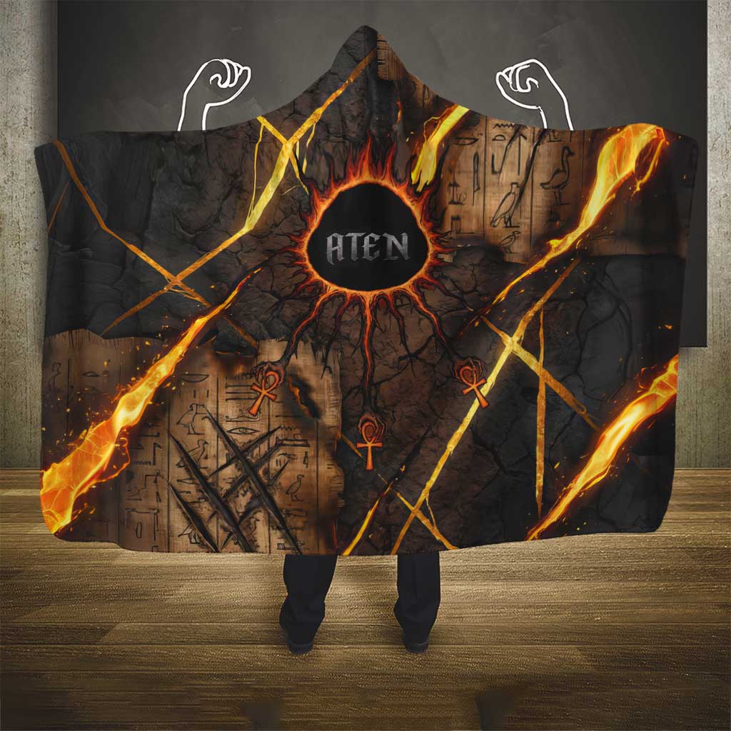 Aten Hooded Blanket Ancient Egyptian Cracked Stone Hieroglyph, Solar Eclipse Emblem, and Radiant Sunburst - African Pride