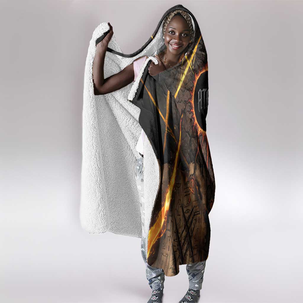 Aten Hooded Blanket Ancient Egyptian Cracked Stone Hieroglyph, Solar Eclipse Emblem, and Radiant Sunburst - African Pride