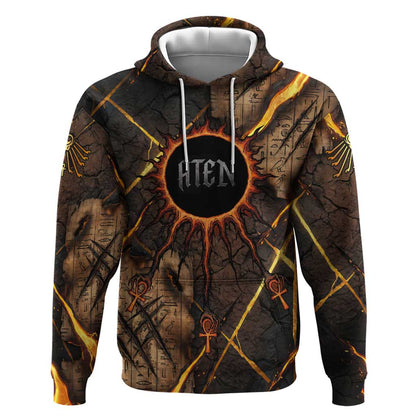 Aten Hoodie Ancient Egyptian Cracked Stone Hieroglyph, Solar Eclipse Emblem, and Radiant Sunburst - African Pride