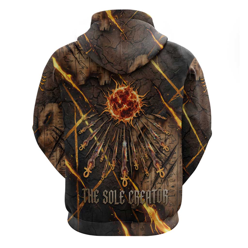 Aten Hoodie Ancient Egyptian Cracked Stone Hieroglyph, Solar Eclipse Emblem, and Radiant Sunburst - African Pride