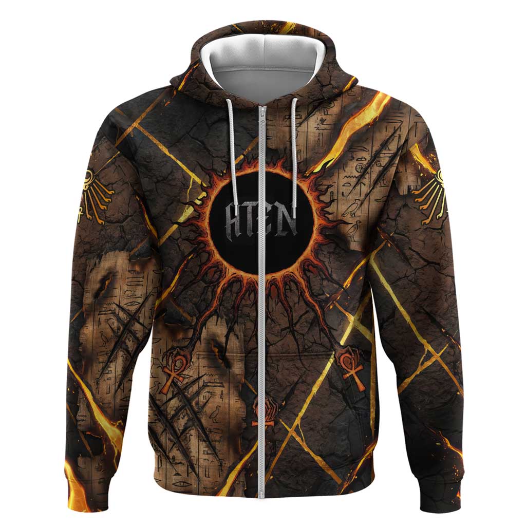 Aten Hoodie Ancient Egyptian Cracked Stone Hieroglyph, Solar Eclipse Emblem, and Radiant Sunburst - African Pride