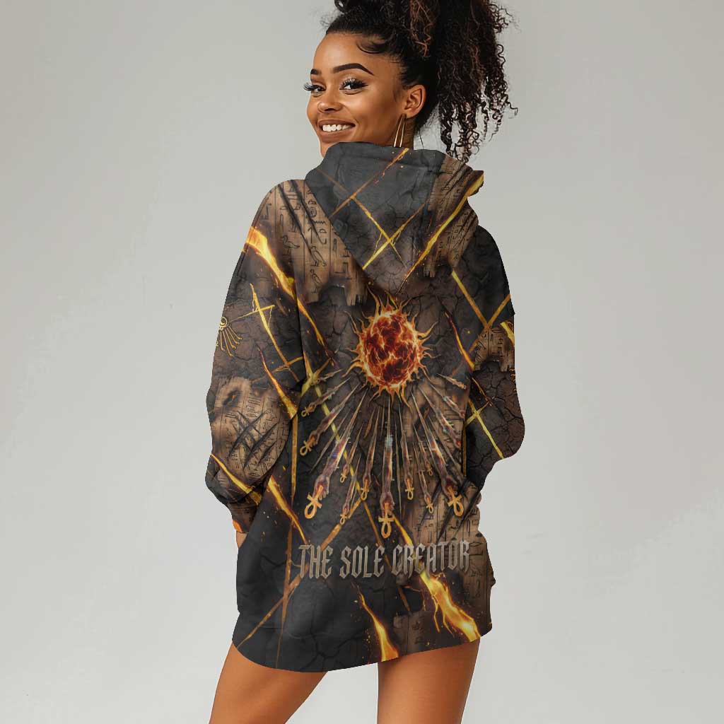 Aten Hoodie Dress Ancient Egyptian Cracked Stone Hieroglyph, Solar Eclipse Emblem, and Radiant Sunburst - African Pride