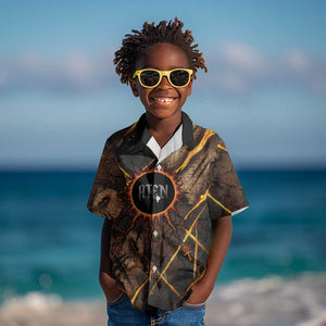 Aten Kid Hawaiian Shirt Ancient Egyptian Cracked Stone Hieroglyph, Solar Eclipse Emblem, and Radiant Sunburst - African Pride
