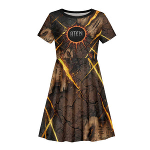 Aten Kid Short Sleeve Dress Ancient Egyptian Cracked Stone Hieroglyph, Solar Eclipse Emblem, and Radiant Sunburst - African Pride