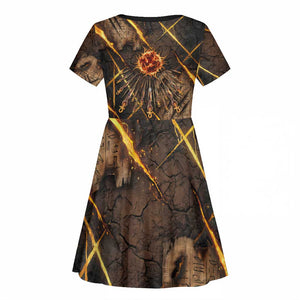 Aten Kid Short Sleeve Dress Ancient Egyptian Cracked Stone Hieroglyph, Solar Eclipse Emblem, and Radiant Sunburst - African Pride