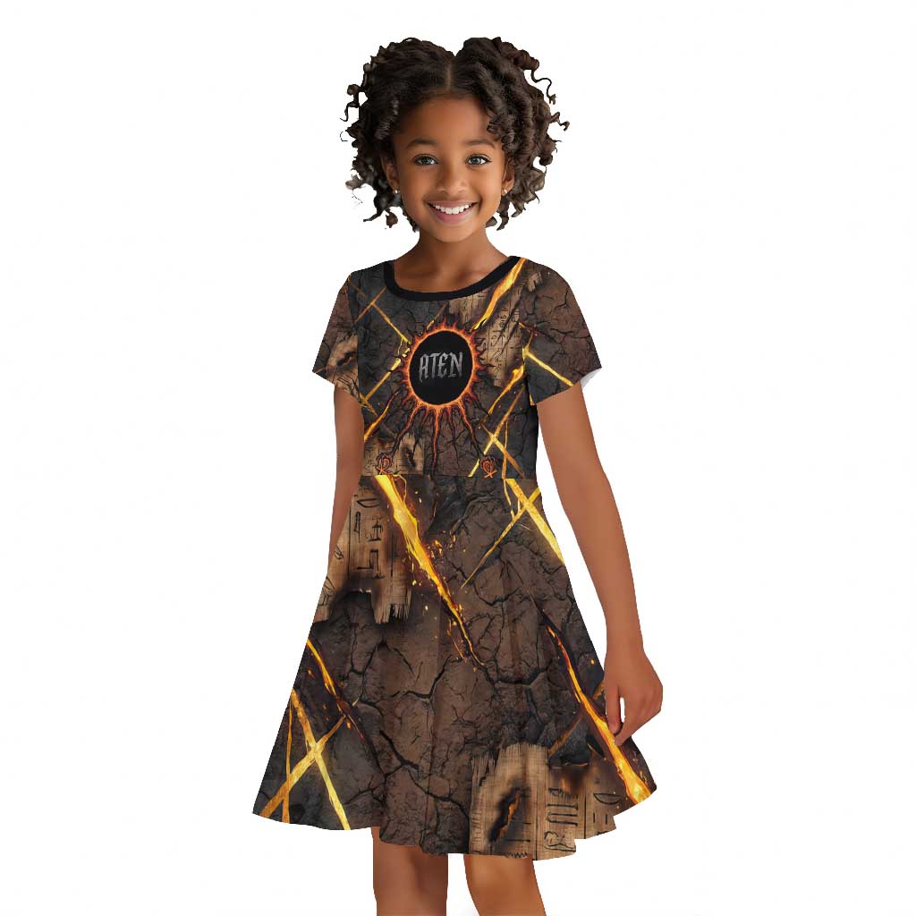 Aten Kid Short Sleeve Dress Ancient Egyptian Cracked Stone Hieroglyph, Solar Eclipse Emblem, and Radiant Sunburst - African Pride