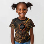 Aten Kid T shirt Ancient Egyptian Cracked Stone Hieroglyph, Solar Eclipse Emblem, and Radiant Sunburst - African Pride