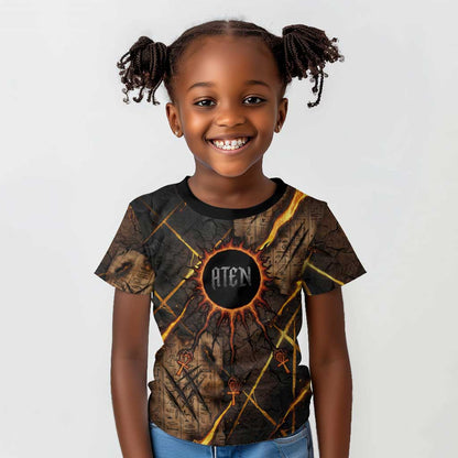 Aten Kid T shirt Ancient Egyptian Cracked Stone Hieroglyph, Solar Eclipse Emblem, and Radiant Sunburst - African Pride
