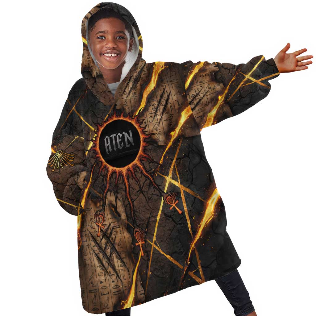 Aten Kid Wearable Blanket Hoodie Ancient Egyptian Cracked Stone Hieroglyph, Solar Eclipse Emblem, and Radiant Sunburst - African Pride