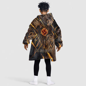 Aten Kid Wearable Blanket Hoodie Ancient Egyptian Cracked Stone Hieroglyph, Solar Eclipse Emblem, and Radiant Sunburst - African Pride