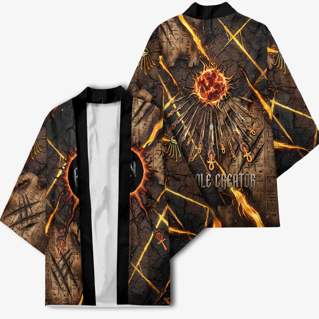 Aten Kimono Ancient Egyptian Cracked Stone Hieroglyph, Solar Eclipse Emblem, and Radiant Sunburst - African Pride