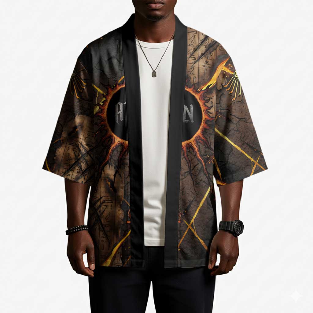 Aten Kimono Ancient Egyptian Cracked Stone Hieroglyph, Solar Eclipse Emblem, and Radiant Sunburst - African Pride