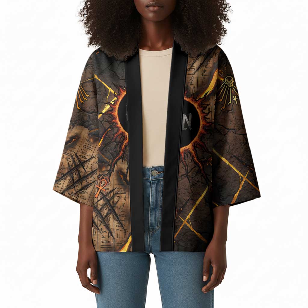 Aten Kimono Ancient Egyptian Cracked Stone Hieroglyph, Solar Eclipse Emblem, and Radiant Sunburst - African Pride