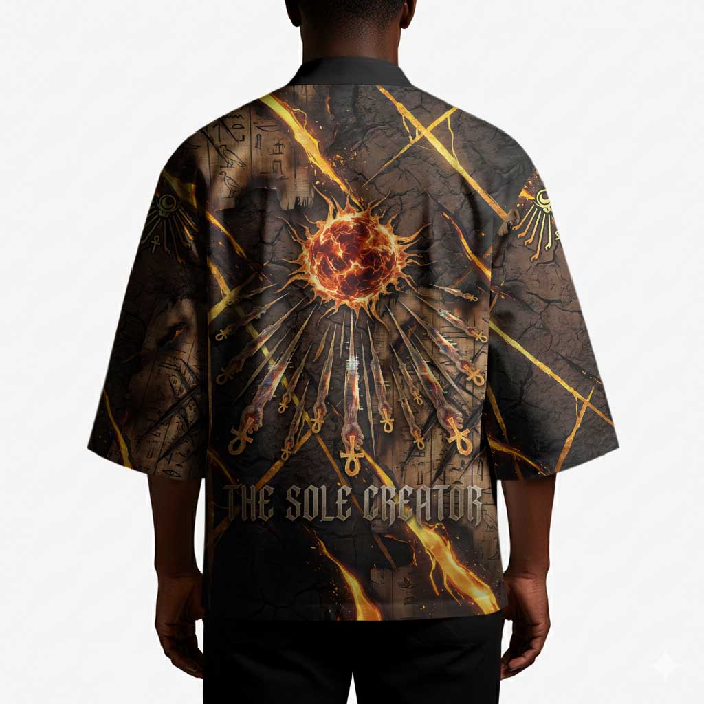 Aten Kimono Ancient Egyptian Cracked Stone Hieroglyph, Solar Eclipse Emblem, and Radiant Sunburst - African Pride