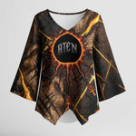 Aten Kimono Sleeve Blouse Ancient Egyptian Cracked Stone Hieroglyph, Solar Eclipse Emblem, and Radiant Sunburst - African Pride
