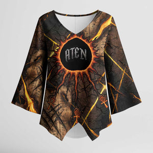 Aten Kimono Sleeve Blouse Ancient Egyptian Cracked Stone Hieroglyph, Solar Eclipse Emblem, and Radiant Sunburst - African Pride