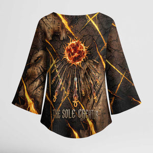 Aten Kimono Sleeve Blouse Ancient Egyptian Cracked Stone Hieroglyph, Solar Eclipse Emblem, and Radiant Sunburst - African Pride