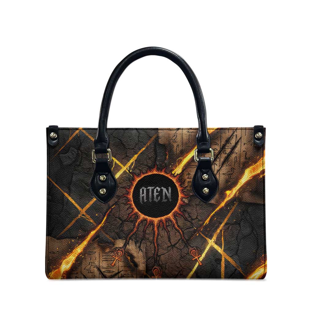 Aten Leather Bag Ancient Egyptian Cracked Stone Hieroglyph, Solar Eclipse Emblem, and Radiant Sunburst - African Pride