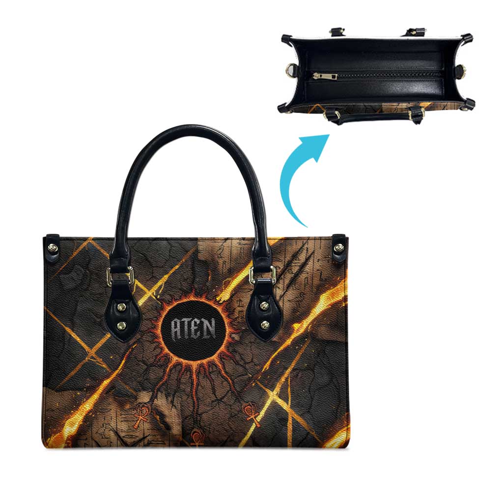 Aten Leather Bag Ancient Egyptian Cracked Stone Hieroglyph, Solar Eclipse Emblem, and Radiant Sunburst - African Pride