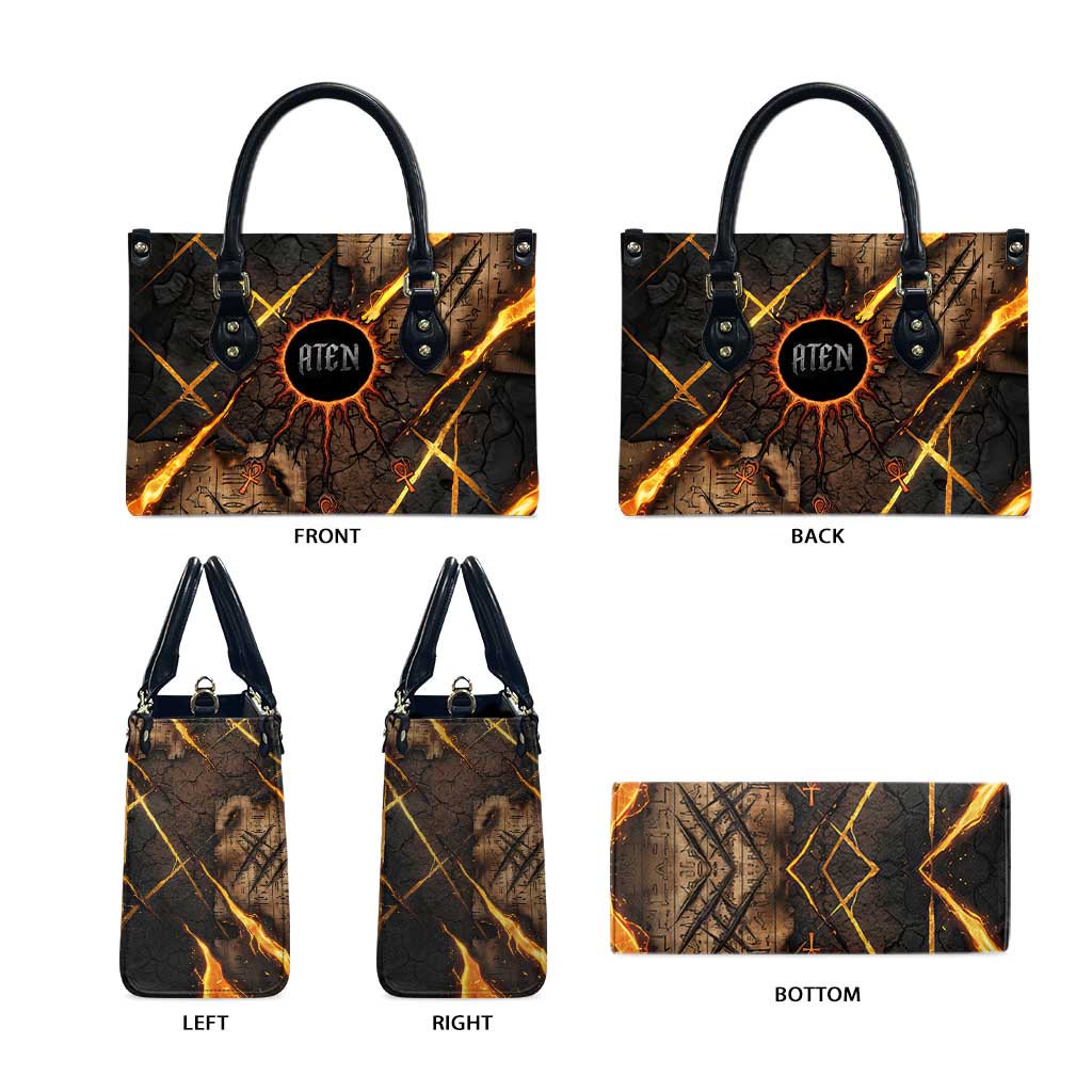 Aten Leather Bag Ancient Egyptian Cracked Stone Hieroglyph, Solar Eclipse Emblem, and Radiant Sunburst - African Pride