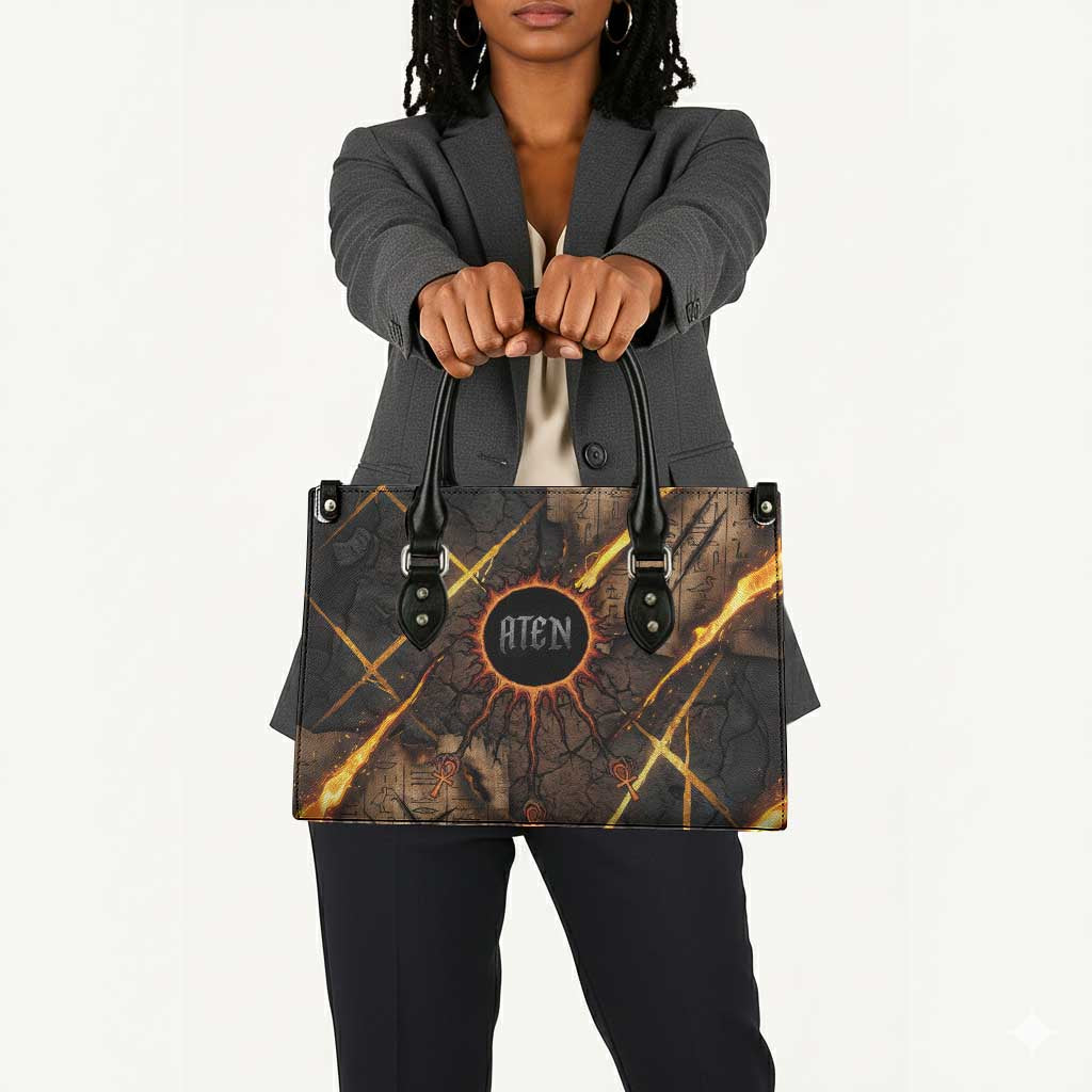 Aten Leather Bag Ancient Egyptian Cracked Stone Hieroglyph, Solar Eclipse Emblem, and Radiant Sunburst - African Pride