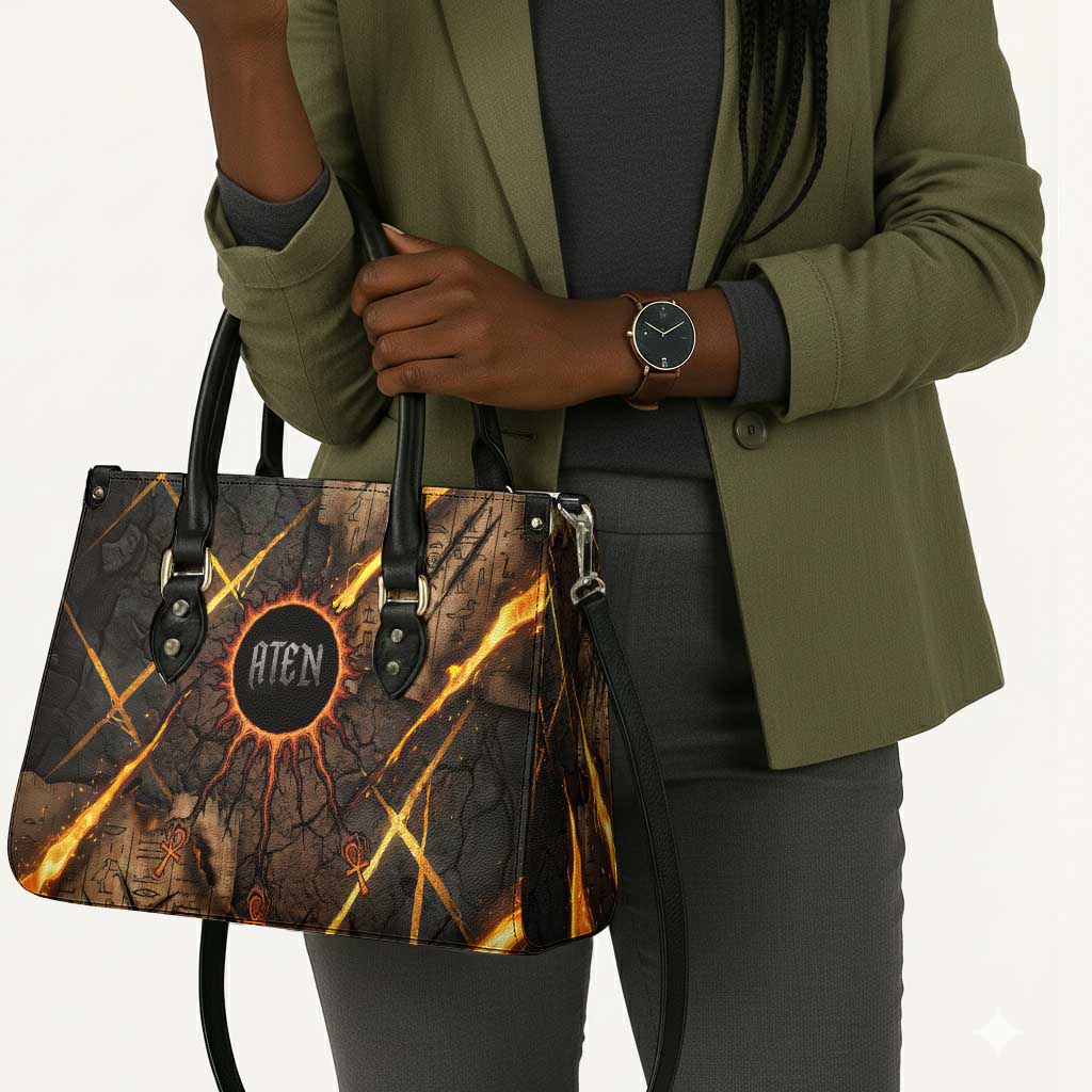Aten Leather Bag Ancient Egyptian Cracked Stone Hieroglyph, Solar Eclipse Emblem, and Radiant Sunburst - African Pride