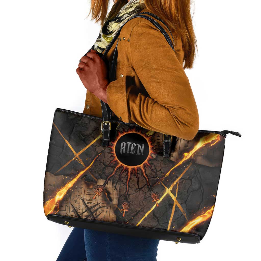 Aten Leather Tote Bag Ancient Egyptian Cracked Stone Hieroglyph, Solar Eclipse Emblem, and Radiant Sunburst - African Pride