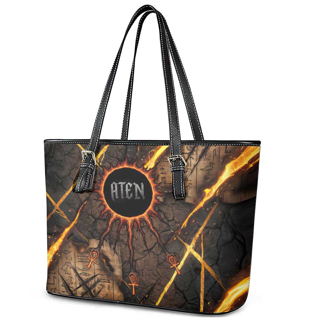 Aten Leather Tote Bag Ancient Egyptian Cracked Stone Hieroglyph, Solar Eclipse Emblem, and Radiant Sunburst - African Pride