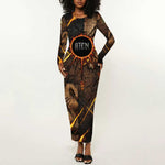 Aten Long Sleeve Bodycon Dress Ancient Egyptian Cracked Stone Hieroglyph, Solar Eclipse Emblem, and Radiant Sunburst - African Pride