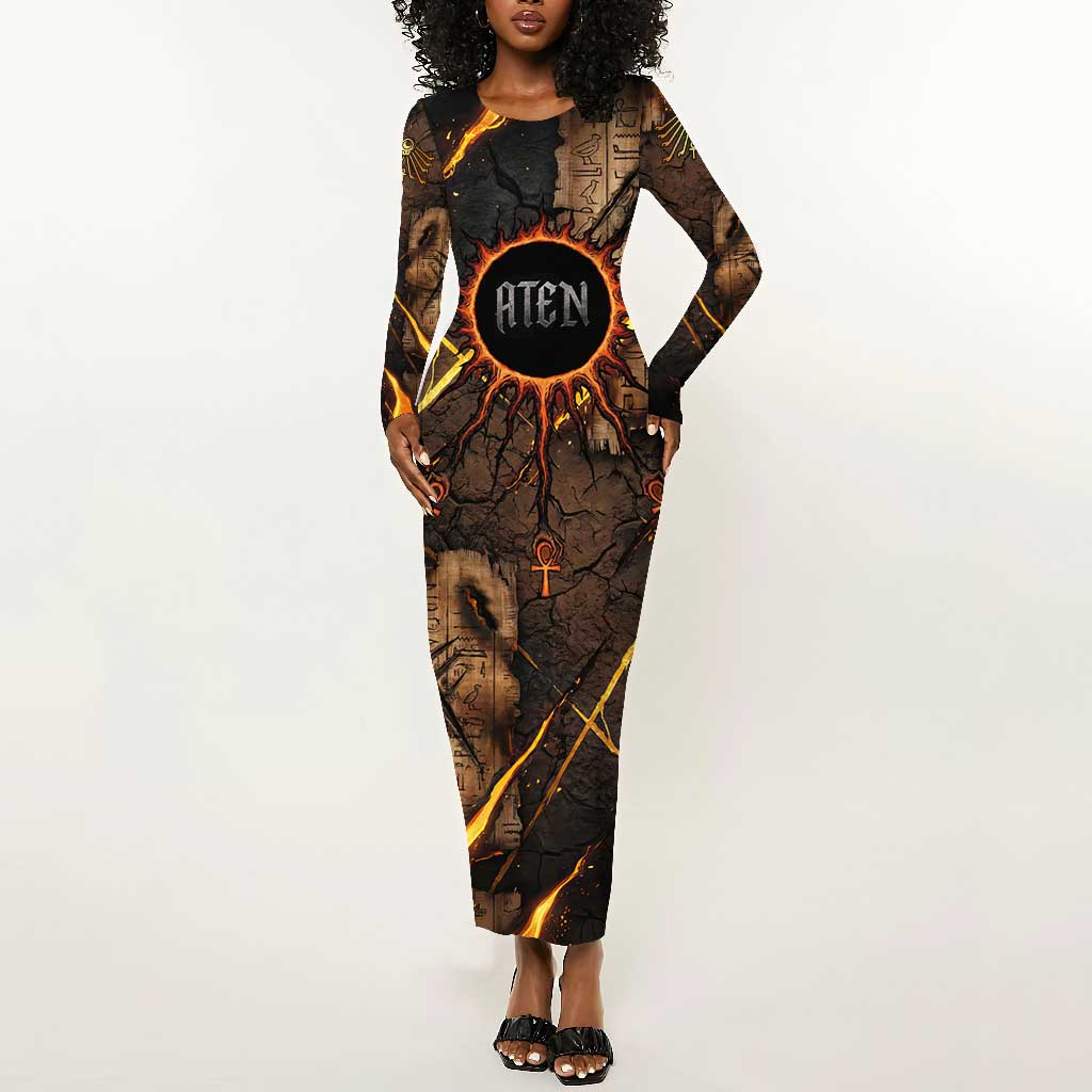 Aten Long Sleeve Bodycon Dress Ancient Egyptian Cracked Stone Hieroglyph, Solar Eclipse Emblem, and Radiant Sunburst - African Pride