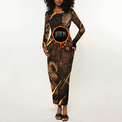 Aten Long Sleeve Bodycon Dress Ancient Egyptian Cracked Stone Hieroglyph, Solar Eclipse Emblem, and Radiant Sunburst - African Pride
